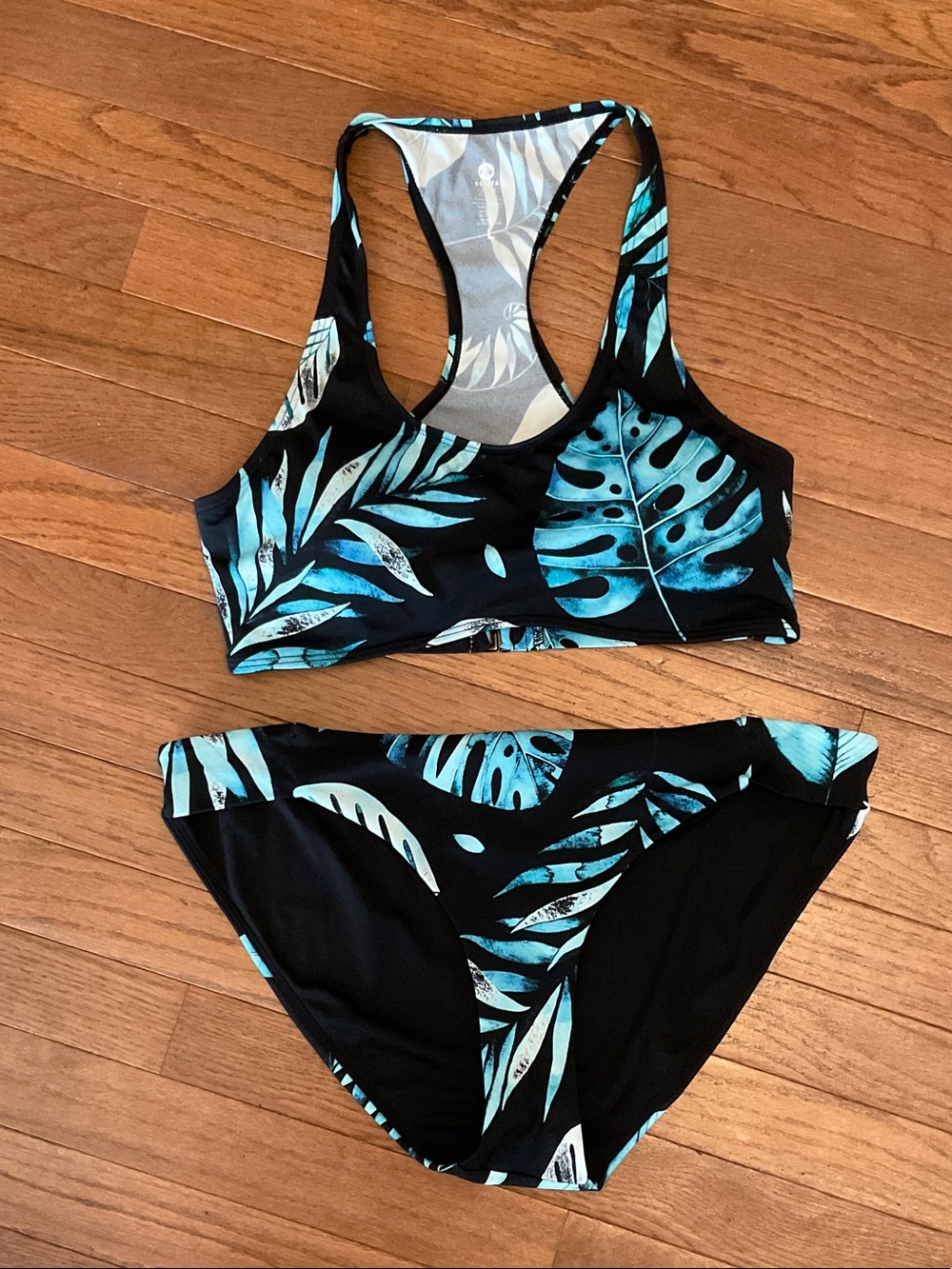 Senita Athletics Black Bikini with Teal Leaf Print Racerback Top